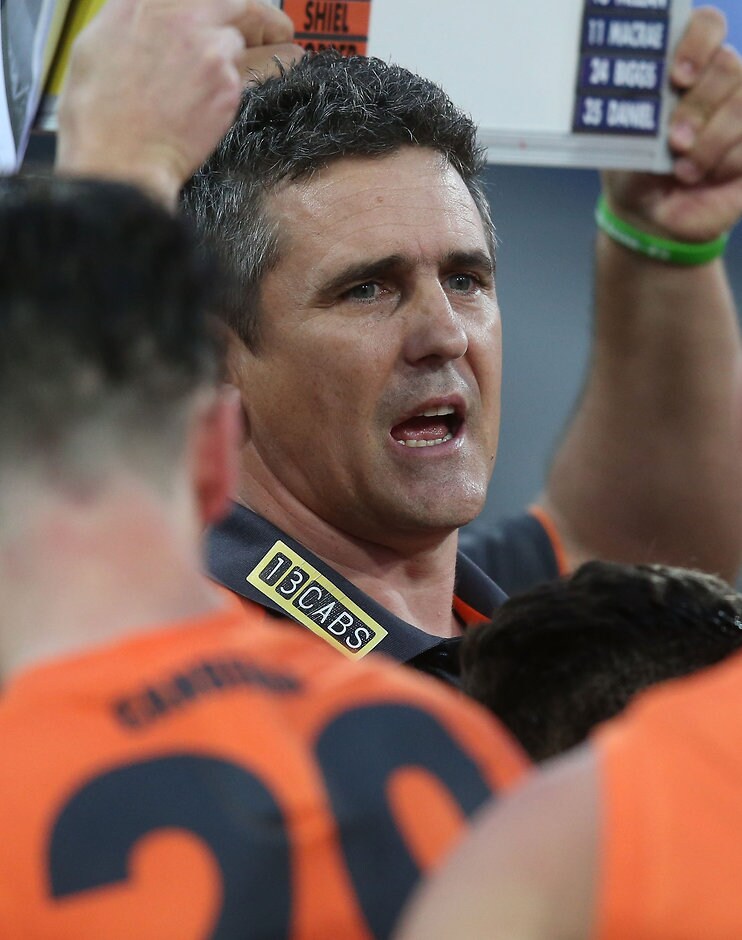 AFL 2016 First Preliminary Final - GWS Giants v Western Bulldogs SYDNEY, AUSTRALIA - SEPTEMBER 24: Leon Cameron, Senior Coach of the Giants addresses his players during the 2016 AFL First Preliminary Final match between the GWS Giants and the Western Bulldogs at Spotless Stadium on September 24, 2016 in Sydney, Australia. (Photo by Sean Garnsworthy/AFL Media)